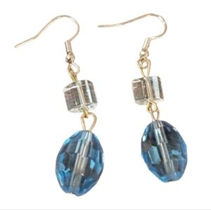 Gold Tone Blue & Clear Faceted Glass Bead Drop Dangle Earrings crystal dainty